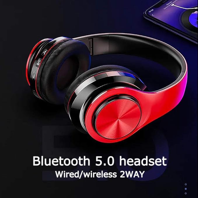 Wireless Bluetooth Headphones with Colorful LED Lights, Built-in Mic, Light Weight, Foldable, Wired HiFi Stereo Headphones for Classroom/Home Office/PC/Mobile Phone/Kids Adult (Red Black)