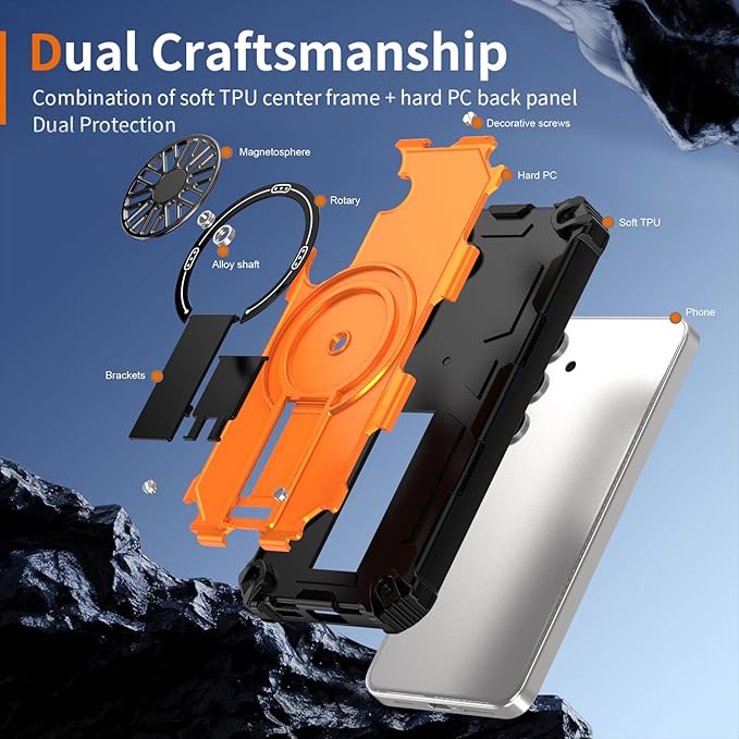 Magnetic Case for Galaxy S25/Galaxy S24, Built-in Stand [Compatible with Mag-Safe] Shockproof Protective Cover Case for Samsung Galaxy S25/Galaxy S24 Orange