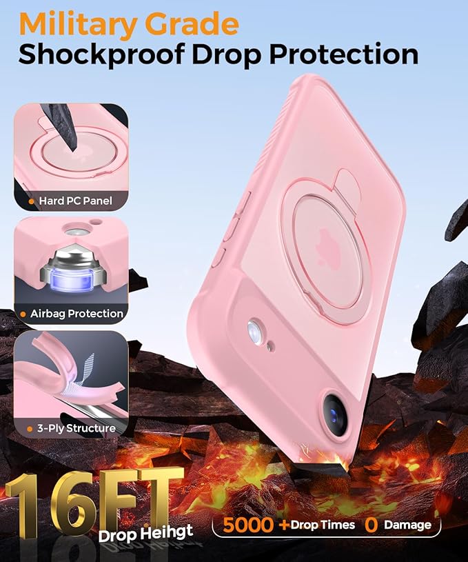 MOCCA Compatible with iPhone Air Case with Magnetic Invisible Stand [Full Camera Protection] [Compatible with Magsafe] Military Drop Shockproof Translucent Matte Phone Case Cover 6.5",Pink