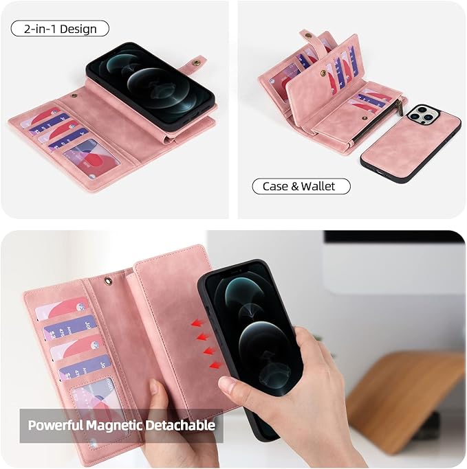 TwoHead for iPhone 12 Pro Max Wallet Case with Card Holder & Detachable Magnetic Phone Case, PU Leather Shockproof Protective Case Wallet for Women/Men,Phone Case Wallet with Wrist Strap(Pink)
