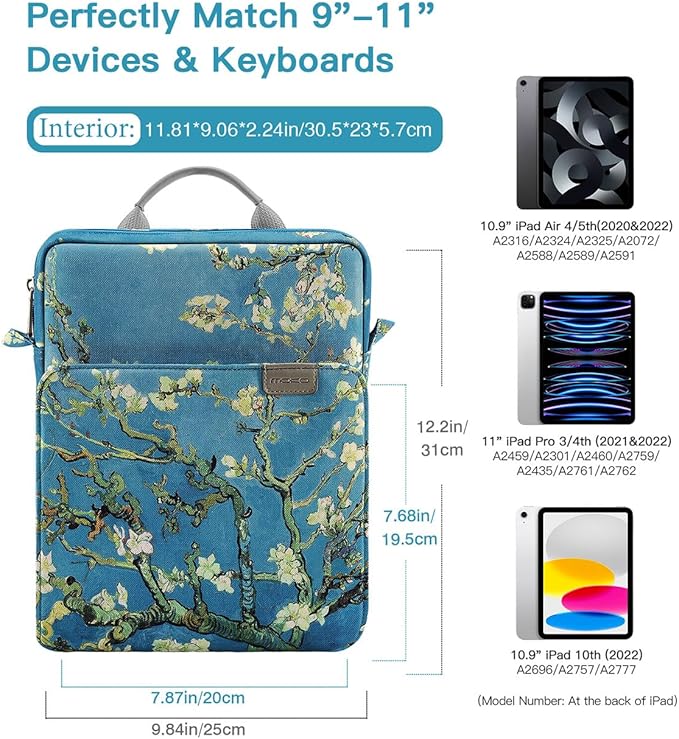 MoKo 9-11 Inch Tablet Sleeve Bag Handle Carrying Case with Shoulder Strap for iPad Pro, Air, 10th, 9/8/7, Air 5/4, Tab S8/S9, Apricot Flower