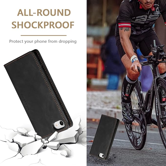 QLTYPRI Case for iPhone 16e, Vintage PU Leather Wallet Case Card Slot Kickstand Magnetic Closure Shockproof Flip Folio Cover for iPhone 16e - Retro Black