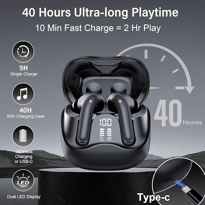 Adaptive Hybrid Active Noise Canceling Wireless Earbuds, 6 Mics ENC Clear Call Ear Buds, Hi-Res Audio Deep Bass Bluetooth 5.4 Headphones, 48H Playtime, Wireless Charging, Multipoint Connection, Black