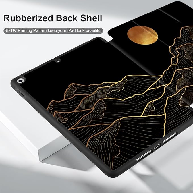DONGKE Case Compatible with iPad 10.2 Inch 2021 2020 2019 iPad 9th/8th/7th Generation with Pencil Holder, Slim Stand Protective Case with Soft TPU Back, Auto Sleep/Wake Cover, Golden Mountain
