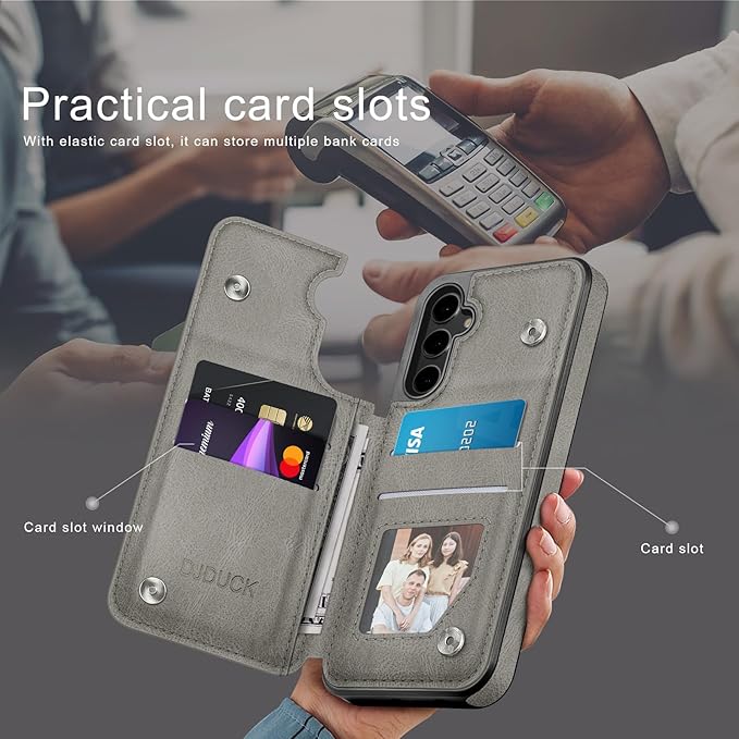 DJDUCK Designed for Samsung Galaxy S25 Case Wallet with Card Holder, [Magnetic Clasp Cover] [RFID Blocking Leather Protection] Shockproof Women Men Cases for Samsung S25 Grey