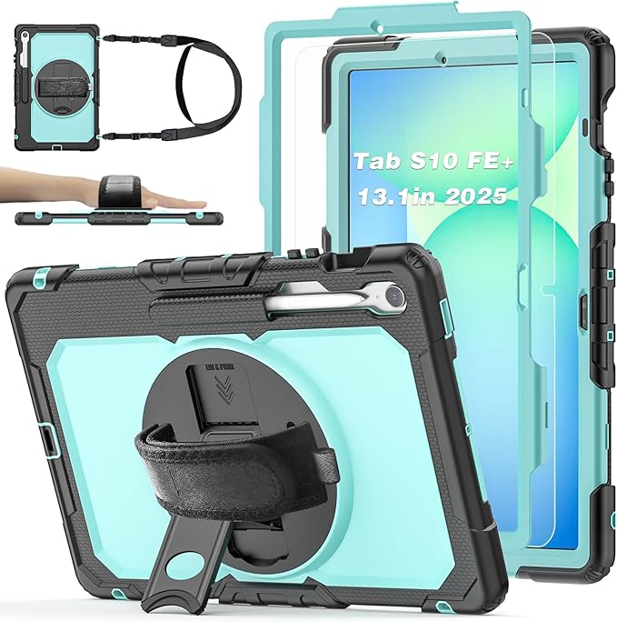 Case for Samsung Galaxy Tab S10 FE Plus 5G Tablet 13.1'', Shockproof Protective Cover with Tempered Glass Screen Protector, Rotatable Kickstand, S Pen Holder, Hand/Shoulder Strap, SkyBlue