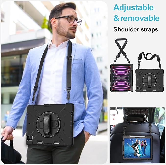 Case for iPad Pro 12.9 2022/2021/ 2020/2018: Cover for iPad Pro 12.9 6th/ 5th/ 4th/ 3rd Generation with Screen Protector- Stand- Pencil Holder- Handle- Shoulder Strap Black