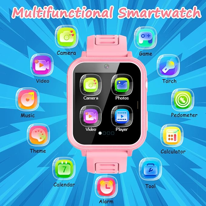Smart Watch for Kids Gift for Girls Age 5-12, 1.54" Touch Screen Watch with HD Camera Video 24 Games Music Pedometer Flashlight Alarm Clock, Gifts for 7 8 9 10 Year Old Girls Boys