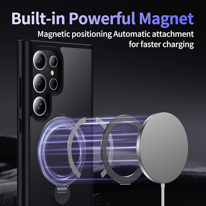 for Samsung Galaxy S23 Ultra Case,Compatible with Magsafe [Wireless Charging],with 360°Rotatable Magnetic Ring Stand Matte Translucent Slim Soft Edge Phone Kickstand,Black