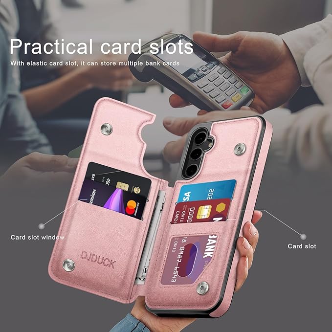 DJDUCK Designed for Samsung Galaxy S25 Plus Case Wallet with Card Holder, [Magnetic Clasp Cover] [RFID Blocking Leather Protection] Shockproof Women Men Cases for Samsung S25 Plus Rose Gold