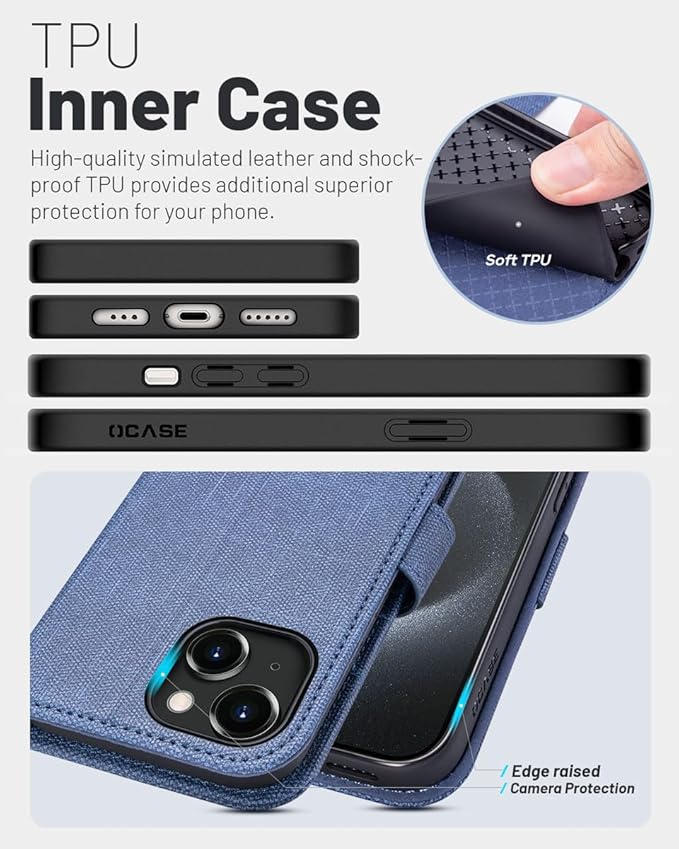 OCASE Compatible with iPhone 15 Wallet Case, PU Leather Flip Folio Case with Card Holders RFID Blocking Kickstand [Shockproof TPU Inner Shell] Phone Cover 6.1 Inch 2023, Denim Blue