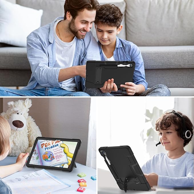 case for Galaxy Tablet S9 FE & S9 2023 (SM-X710/X718U/X716B/X510/X516B), Soft Silicone & Hard Pc 3-Layer Military Protector Cover for Tab S10 FE S8 S7 with S-Pen Holder Stand caseblack+Black