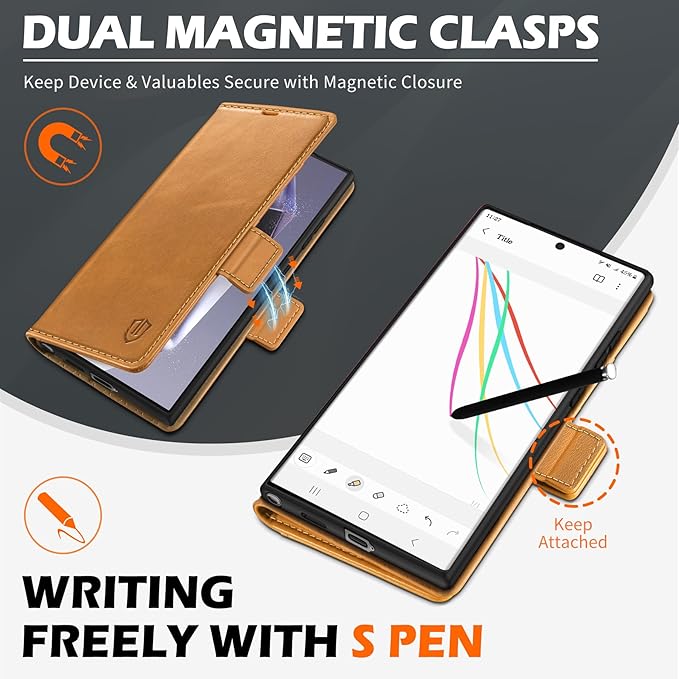 SHIELDON Wallet Case for Galaxy S25 Ultra 5G, Genuine Leather RFID Blocking Credit Card Holder Kickstand Magnetic Folio Protective Cover Compatible with Galaxy S25 Ultra 6.9" 2025 - Retro Light Brown