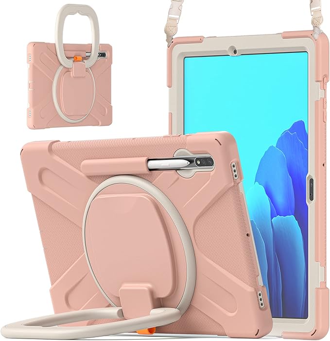 360 Rotation Portable Case for Galaxy Tab S8+/S7 FE/S7+ 12.4 Inch with S Pen Holder Rugged Rotating Stand Hand Strap Shoulder Carrying Outdoor Cover (Pink)