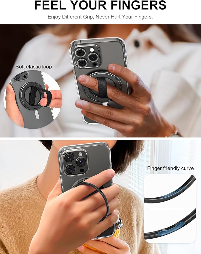 EWA MagOne Ultra for Magsafe Phone Grip Kickstand [Replaceable Elastic Finger Loop], Mag Safe Ring Holder Stand, Two-Sided Magnetic Phone Accessories for iPhone 17,16,15,14,13,12 Pro/Max/Plus-Black