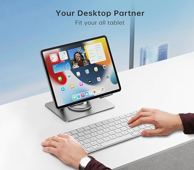 Tablet Stand Holder with 360° Rotating Base Dual Rod Aluminum Adjustable Tablet Stand for Desk Compatible with iPad Samsung Phone Kindle E-Reader and More, Black