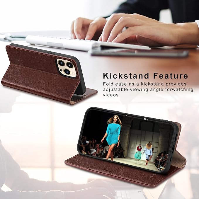 Belemay Compatible with iPhone 14 Pro Max Case Wallet-Genuine Leather Flip Case-RFID Blocking Card Holders-Shockproof TPU Shell Folio Cover Women Men Compatible with iPhone 14 Pro Max (6.7-inch) Brown