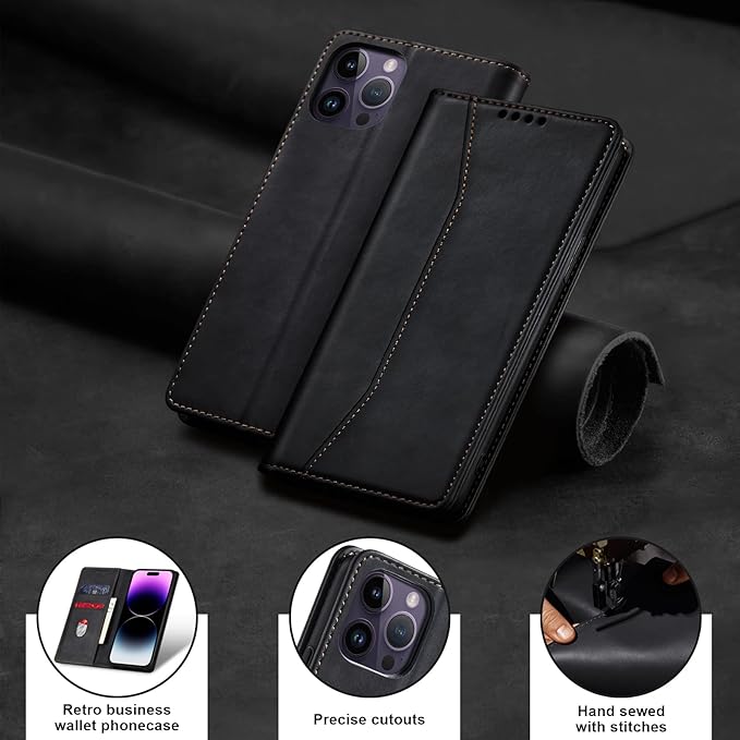 Jasonyu Flip Wallet Case for iPhone 14 Pro Max 5G,Leather Magnetic Folio Cover with Card Holder,Kickstand - TPU Shockproof Durable Protective Phone Case,Black