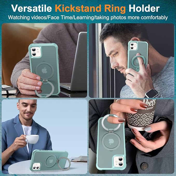 Magnetic Compatible with iPhone 12/12 Pro Case with Stand [Military Grade Drop Tested][Compatible with Magnet] Ring Translucent Slim Hard Back Soft Edge, Teal Green