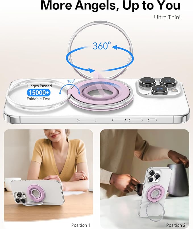 [2025 Newest] Magnetic Phone Grip for MagSafe Ring Holder, Magnet Phone Grip Stand Finger Kickstand Two-Sided Magnetic Compatible with iPhone 17 Pro/Max 16 15 14 13 12 11 Plus&Android (Pink)