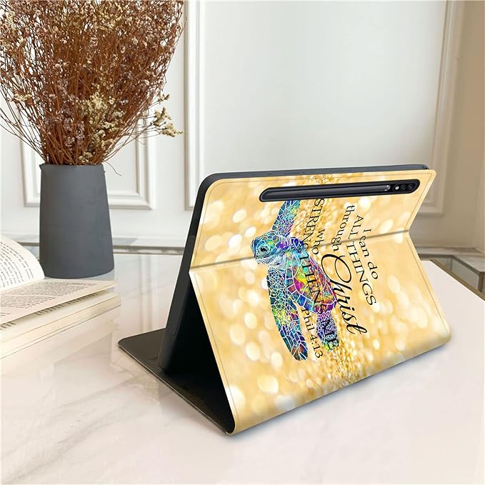 Case for Samsung Galaxy Tab S7 FE 2021/Galaxy Tab S8 Plus 2022/Tab S8+/S7 Plus 2020 12.4 inch,PU Leather Folding Stand Protective Tablet Cover with Auto Wake/Sleep,Yellow Shining Turtle