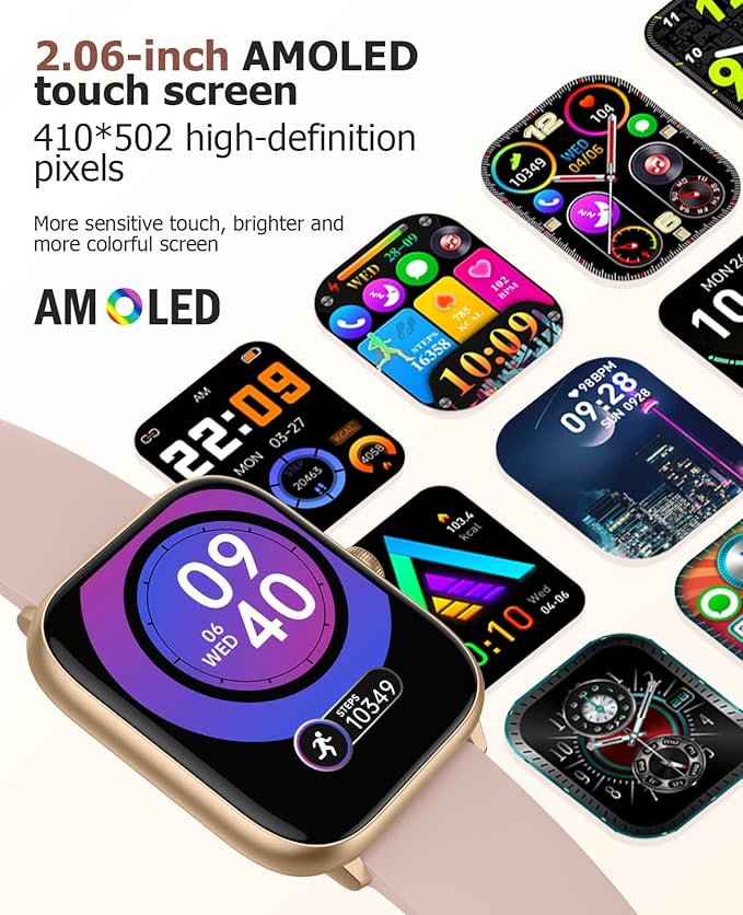 Smart Watches for Women with Blood Pressure, 2.06" AMOLED Touchscreen, 118 Sports Modes, Fitness Tracker with Heart Rate Sleep Blood Oxygen Monitor, IP68 Waterproof, Compatible with iPhone and Android