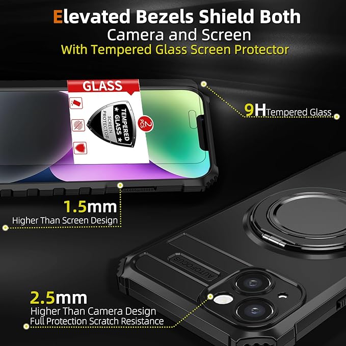 for iPhone 14 Case Compatible with MagSafe Magnetic,with 2 Tempered Glass Screen Protectors,Built-in 360°Kickstand Ring,Military Grade Drop Shockproof Heavy Duty Protection Phone Bumper Black