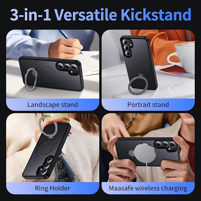 for Samsung Galaxy S25+ Plus Case,Compatible with Magsafe [Wireless Charging],with 360°Rotatable Magnetic Ring Stand Matte Translucent Slim Soft Edge Phone Kickstand,Black