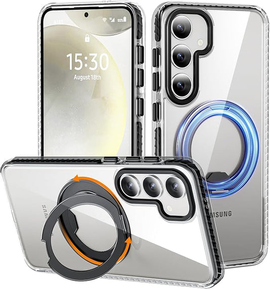 for Samsung Galaxy S24+ (Plus) Case,Compatible with Magsafe with 360°Rotatable Magnetic Ring Stand [Wireless Charging], Clear Slim Soft Edge Phone Kickstand,Clear & Black