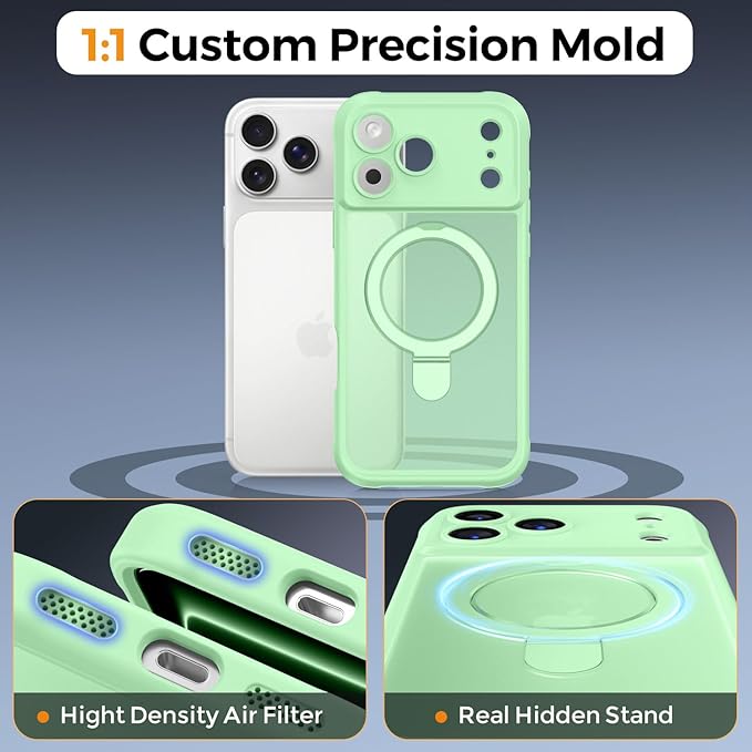 MOCCA Compatible with iPhone 17 Pro Max Case with Magnetic Invisible Stand [Full Camera Protection] [Compatible with Magsafe] Military Drop Shockproof Translucent Matte Phone Case Cover,Matcha Green