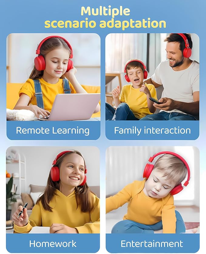Kids Bluetooth Headphones, Over-Ear Wireless Headphones with Microphone, Safe-Volume 85dBA, Bluetooth 5.4, Foldable Lightweight and Comfortable, 50H Playtime, USB-C Charging, Red
