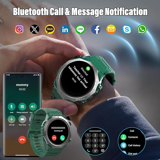 Military Smart Watches for Men(Answer/Make Calls), 1.39"HD Fitness Watch, 24/7 Heart Rate Sleep Monitor, Smart Watch for Men 110+ Sport Modes, 30Day, IP68 Waterproof Smartwatch for Android iOS, Green