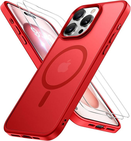 Miracase Magnetic for iPhone 15 Pro Max Case 6.7 inch (Compatible with MagSafe)（with 2X Screen Protectors）Military-Grade Protection, Anti-Fingerprint Translucent Matte Phone Cover, Red