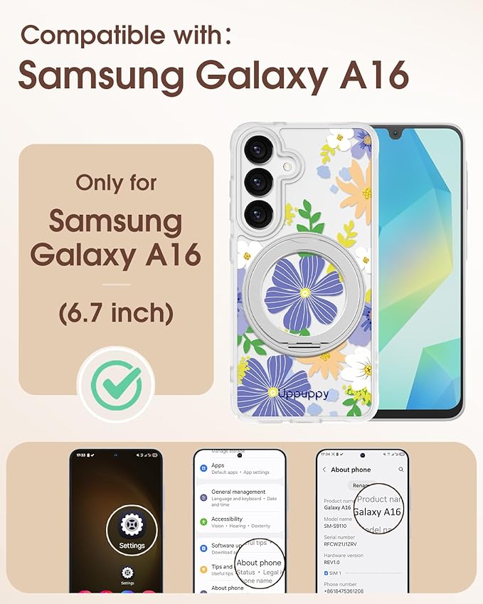 for Samsung Galaxy A16 4G/5G Case with 360° Rotatable Magnetic Ring - Semi-Transparent Anti-Fingerprint Soft-Touch Material Shockproof, Cute Purple Flower Design for Women Girl