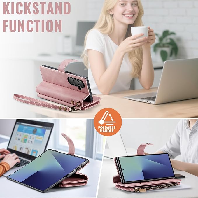 Vinich for Samsung Galaxy Z Fold 7 Wallet Case with Card Holder, Detachable Strap RFID Blocking Credit Slots Kickstand Shockproof Phone Cover for Women Men, Rose Pink