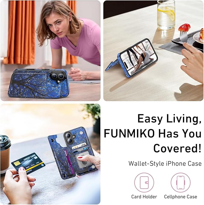 FUNMIKO for iPhone 16 Wallet Case with Card Holder, RFID-Blocking, Military-Grade Protection & UV-Printed Artwork, Magnetic Closure with Leather Kickstand - Dreamy Wishing Tree