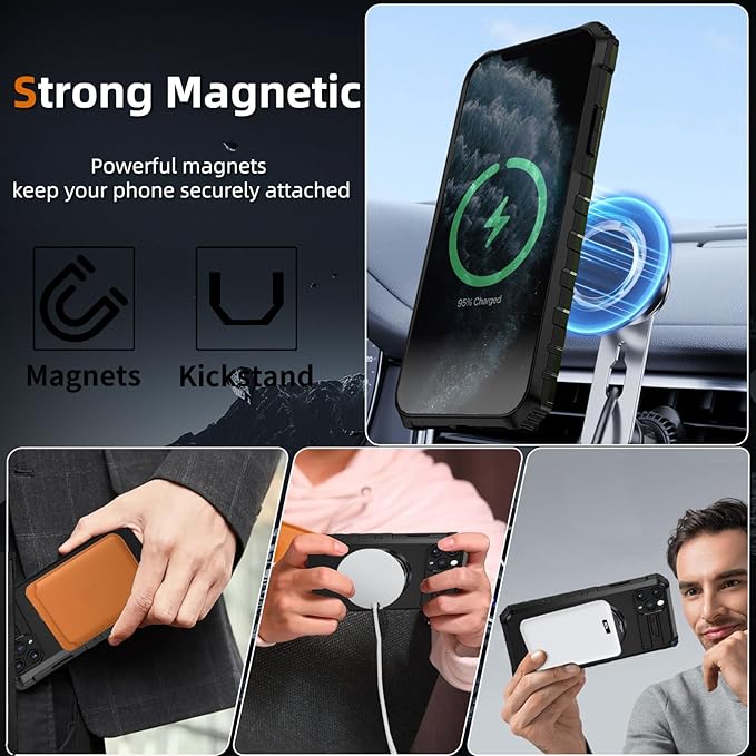 for iPhone 11 Pro Max Case Magnetic Compatible with MagSafe,with 2 Screen Protector,Built-in Camera Cover+Kickstand Ring,Military Grade Drop Shockproof Heavy Duty Protection Phone Bumper Black