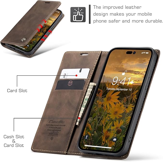 for iPhone 14 Pro Case, Flip Wallet Leather Case with Card Holder Magnetic Closure Shockproof Kickstand Protective Phone Cases Cover for iPhone 14 Pro, Coffee