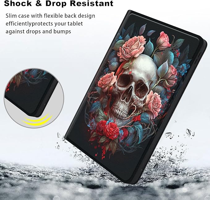 Slim Case for Samsung Galaxy Tab S10 FE / S9 FE 5G 10.9" & Tab S9 11", PU Leather Protective Cover, Multi-Angle Stand, Auto Sleep/Wake, Flowers and Skulls