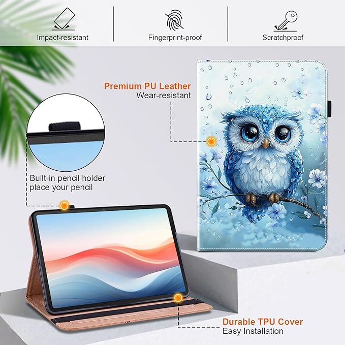 Case for Samsung Galaxy Tab A9+/A9 Plus 11 Inch (SM-X210/X216/X218) Tablet with Pencil Holder, Multiangle Stand Wallet Design Cover, Rainy Owl