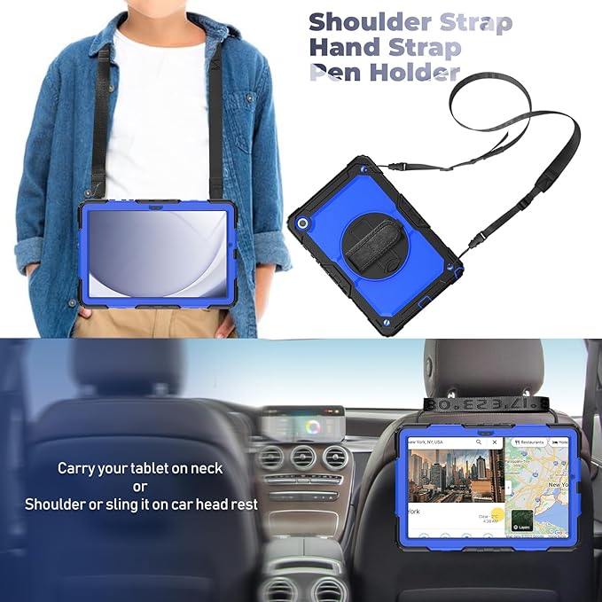 BLOSOMEET Blue Case for Samsung Galaxy Tablet A9 Plus 11 Inch 2023 with Tempered Glass Screen Protector, Pencil Holder, Kickstand, Hand Strap,Shoulder Strap