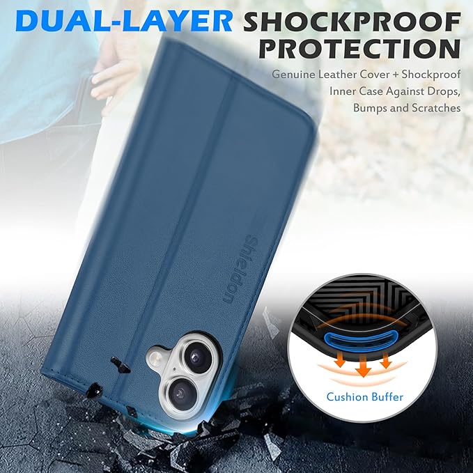 SHIELDON Case for iPhone 16 5G, Genuine Leather Wallet Case Magnetic RFID Blocking Card Holder Kickstand Shockproof Protection Cover Compatible with iPhone 16 6.1" 2024 - Nappa Royal Blue