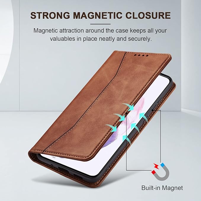 Jasonyu Wallet Case for Samsung S21 Plus, PU Leather Cover with Stand, Magnetic Folio Flip, TPU Shockproof Interior Case and Card Holder Slots, Brown