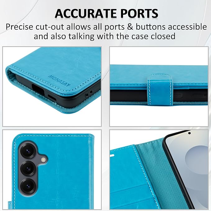 MONASAY Wallet Case Fit for Samsung Galaxy S25+ Plus 5G, [Lens & Glass Screen Protector Included] [RFID Blocking] Flip Folio Leather Cell Phone Cover with Credit Card Holder, 6.7 inch, Light Blue