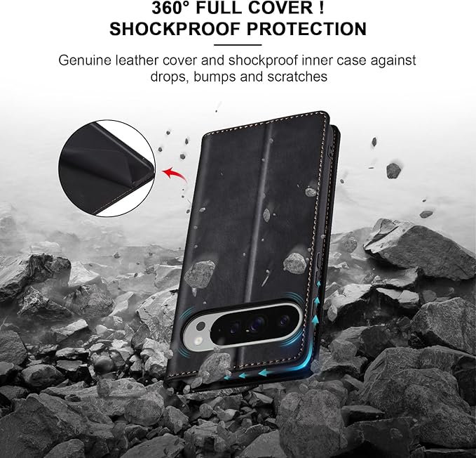 Jasonyu Flip Wallet Case for Google Pixel 9 Pro XL,Leather Magnetic Folio Cover with Card Holder,Kickstand - TPU Shockproof Durable Protective Phone Case,Black