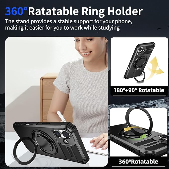 for iPhone 16 Case Magnetic Compatible with MagSafe Wireless Charging,with 2 Screen Protectors,Built-in 360°Kickstand Ring,Military Grade Drop Shockproof Heavy Duty Protection Phone Men Black