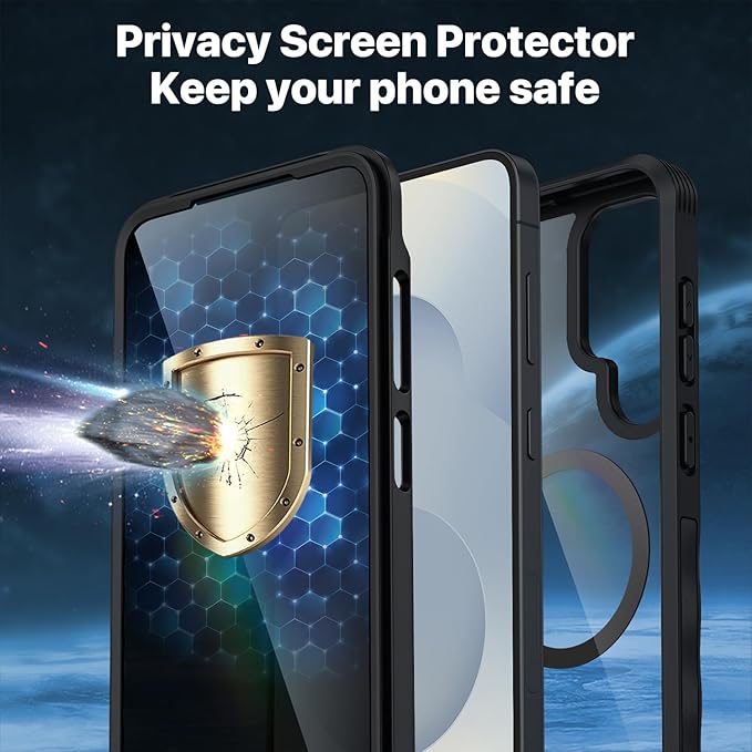 CENHUFO Magnetic Privacy for Samsung Galaxy S25 Case, Full Body Phone Case with Built-in 9H Tempered Glass Privacy Screen Protector and Camera Lens Cover, Shockproof Protective Clear Bumper -Black