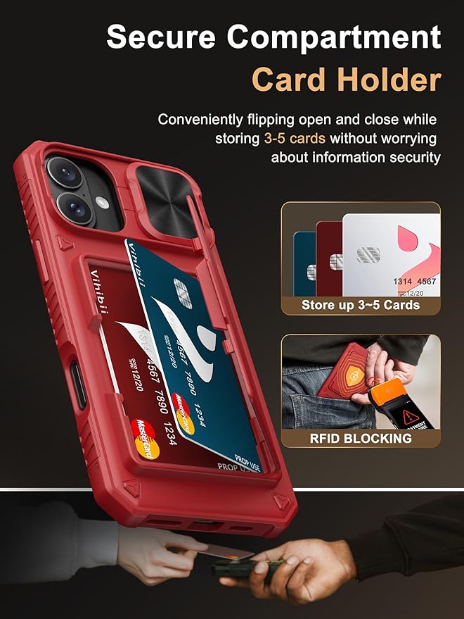 Vihibii for iPhone 16 Plus Wallet Case with Card Holder (4 Cards) [RFID Blocking] & Slide Camera Cover & Raised Edges Protect Screen, Shockproof Rugged Phone Case for iPhone 16 Plus 6.7", Red