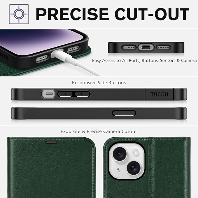 TUCCH Case Wallet for iPhone 14 6.1", Protective [TPU Shockproof Inner Shell], PU Leather [RFID Blocking] [4 Card Holder] Magnetic Stand Cover Compatible with iPhone 14 6.1" 2022, Midnight Green