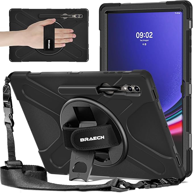BRAECNstock for Samsung Galaxy Tab S10 Ultra/S9 Ultra/S8 Ultra Case 14.6" 2024/2023/2022 Shockporoof Samsung Tablet 14.6 inch Case with Pencil Holder Rotating Hand Strap & Stand Shoulder Strap - Black